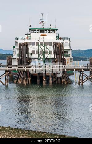 Blick auf den Anacortes Ferry Terminal und die Hyak Ferry von einem Wohngebäude auf der Navigator Lane in Anacortes, Washington. Stockfoto