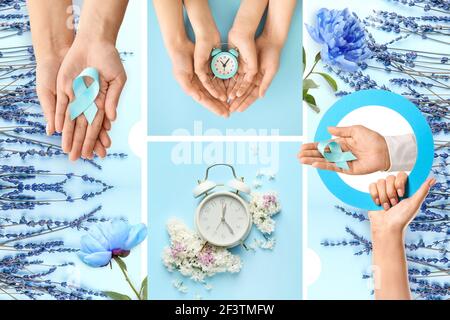 Schöne Collage aus frischen Blumen und Händen mit Wecker Und Awareness Ribbon auf blauem Hintergrund Stockfoto