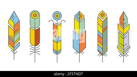 Symbole mit abstrakten Federfarben. Feder Vogeldekoration, Schönheit Feder geometrische, Muster geometrische Feder. Vektorgrafik Stock Vektor
