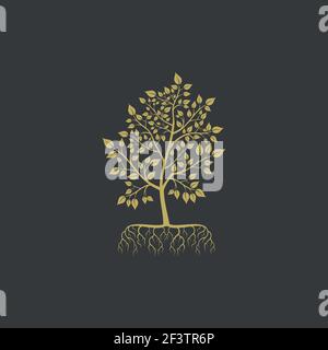 Vektorbaum mit Wurzeln Logo Element. Baum mit Blättern modernes Logo. Silhouette einer Baumdarstellung Stock Vektor