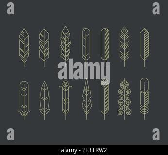Vektorsymbole für lineare Federn. Hipster Vintage Feder Set, Illustration von Feder im Linienstil Stock Vektor
