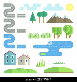 Flache Vektorelemente im Querformat. Landschaftsbaum, Landschaftspflanze, Umwelt Landschaftselement Busch Illustration Stock Vektor