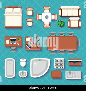 Symbole für Vektorgrafiken im Innenraum von oben. Zimmer mit Inneneinrichtung. Tisch, Stuhl und Sofa Illustration Stock Vektor