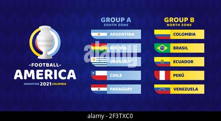Südamerika Fußball 2021 Argentinien Kolumbien Vektor-Illustration. Zwei Gruppen A und Gruppe B Final Stage Fußballturnier Stock Vektor
