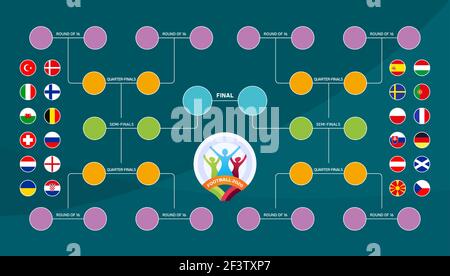 Spielplan, Vorlage für Web, Druck, Fußball-Ergebnistabelle, Flaggen der europäischen Länder, die am Finalturnier der europäischen Fußball teilnehmen Stock Vektor