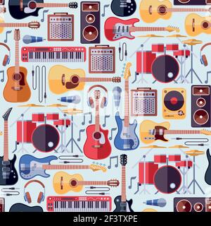 Musikinstrumente nahtloser Vektor-Hintergrund. Musikmuster, Instrument Gitarre nahtlose Muster, Musikinstrument Konzert, Rock Instrument Akustik Stock Vektor