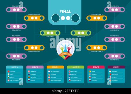 Spielplan, Vorlage für Web, Druck, Fußball-Ergebnistabelle, Flaggen der europäischen Länder, die am Finalturnier der europäischen Fußball teilnehmen Stock Vektor