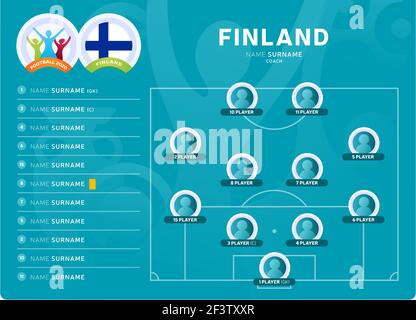 Finnland Line-up Fußball 2020 Turnier Endphase Vektor-Illustration. Country-Team Lineup Tabelle und Team-Formation auf Fußballfeld. 2020 Fußball Stock Vektor