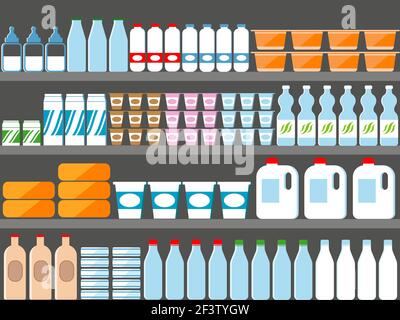 Lagern Sie Regale mit Milch und Milchprodukten. Vektorgrafik im flachen Stil. Milchmarkt, Milchprodukte, Milchprodukte Supermarkt, Milchladen, Milchflasche Stock Vektor