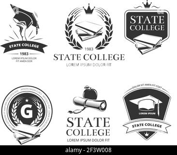 Universität, Akademie, Hochschule und Schule Vektor Embleme, Etiketten, Abzeichen. Academy Emblem, State College Insignien, College-Label, Bildung State College Stock Vektor