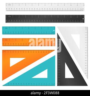 Lineale und Dreieck mit Zoll-, Zentimeter- und Millimeterskala. Vektorset. Werkzeugausbildung, Millimeterlineal, Maßlinealinstrument, Schule Stock Vektor