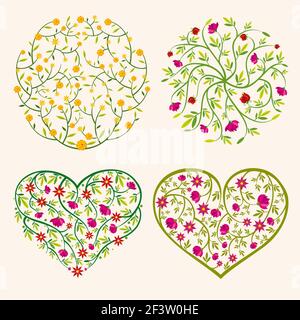 Vektor Frühling Blumen im Kreis Zusammensetzung. Vektorlogo mit Blumenmuster. Kreis florale Komposition mit floralen Blume Pflanze Illustration Stock Vektor