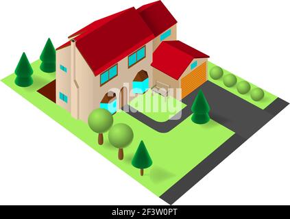 Isometrisches Einfamilienhaus mit Garage. Stock Vektor