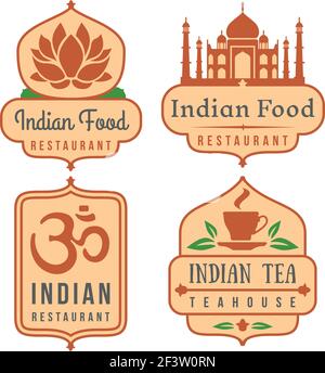 Indische Lebensmittel Vektor Logo-Set. Indien Cafe Embleme, orientalische Küche Banner auf weiß Stock Vektor