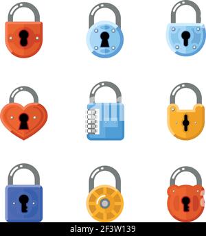 Flache Symbole für Vorhängeschloss. Vektorzeichen sperren. Vektorgrafik Stock Vektor