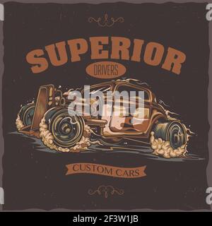 T-Shirt-Label-Design mit Illustration von Hotrod Auto Stock Vektor