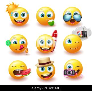 Smileys Sommer Emoticon Vektor-Set. Smiley gelbes Icon Emoji mit Gesichtsausdruck und Strand-Element für tropische Jahreszeit Charakter Emoticons. Stock Vektor