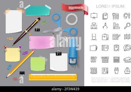 Realistisches Schreibwaren buntes Konzept mit Hefter Schere Stift Bleistift Papier Hinweis Aufkleber Pushpins Klebeband Lineal Binder Clips Büro stationär Stock Vektor