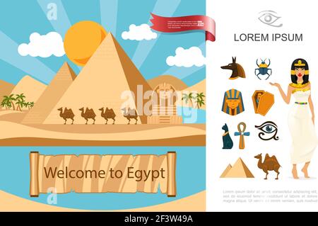 Wohnung Ägypten touristischen Konzept mit Pyramiden Kamele Palmen sphinx in Wüste und verschiedene ägyptische traditionelle Symbole Vektor-Illustration Stock Vektor