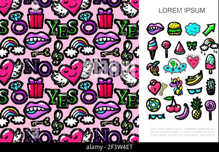 Pop Art Mode Patches Konzept mit hellen Cartoon-Sticker und Nahtlose Muster von bunten Abzeichen Vektor-Illustration Stock Vektor