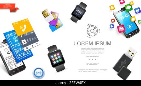 Realistische moderne Gadgets Konzept mit Smartwatches usb-Flash-Laufwerk sim Karten Smartphone mobile Schnittstellen Design und Anwendung Symbole Vektor illustraa Stock Vektor