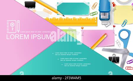 Realistische Briefpapier Komposition mit Scheren Bleistifte Hefter Pushpins Hinweis Aufkleber Lineal Binder Clips Klebeband Vektor-Illustration Stock Vektor