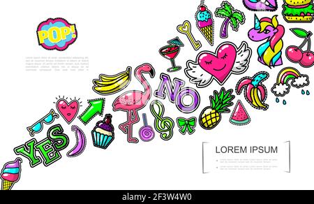 Pop Art Mode Patches Konzept mit Eis Flamingo Kuchen Herz Bananen Ananas Bogen Wassermelone Regenbogen Cocktail Palm Burger Einhorn Kirschlollip Stock Vektor