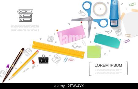 Realistische Büro Briefpapier Vorlage mit Schere gefüllt Hefter Stift Bleistift Lineal Stecknadeln Hinweis Aufkleber Binder Clip und stationäre Symbole Vektor Abb. Stock Vektor