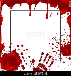 Realistische blutige bunte Schablone mit Rahmen für Text Blutspritzer Blots tropft Spritzer und Handprint Vektor-Illustration Stock Vektor