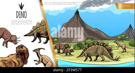 Handgezeichnete Dinosaurier buntes Konzept mit stegosaurus triceratops t-rex parasaurolophus Auf Vulkan Landschaft Vektor-Illustration Stock Vektor