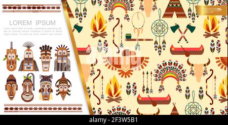 Flat african Ethnic Elements Konzept mit Tribal Masken Pfeile Bogen Federn Kopfbedeckung Stier Schädel Traum catcher Boot Tomahawks Adler rauchen Feuer am Rohr Stock Vektor