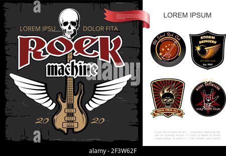 Vintage Rock Musik Festival Werbevorlage mit geflügelten E-Gitarre Schädel und Rock Club Embleme Vektor-Illustration Stock Vektor