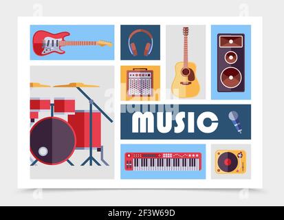 Flaches Musikinstrumentenset mit elektrischen und akustischen Gitarren-Kopfhörern Subwoofer Audio Lautsprecher Mikrofon Vinyl-Player Drum Kit Synthesizer Isolat Stock Vektor