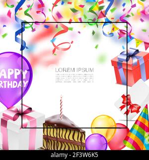 Realistische Happy Birthday Vorlage mit Rahmen für Text bunte Ballons Konfetti Girlande Geschenk Boxen Party Hut Einladung Karte Stück Kuchenvektor Stock Vektor