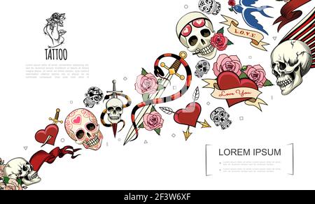 Handgezeichnete Tattoo Elemente Konzept mit menschlichen Schädeln Schlange Schwerter Rose Blumen schlucken Herzen durchbohrt mit Dolch und Pfeile Vektor Abbildung Stock Vektor