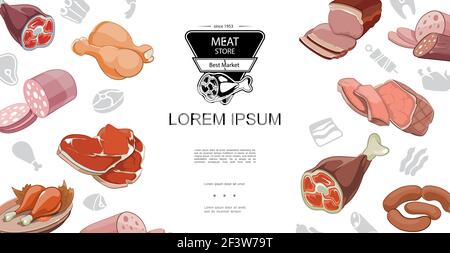 Cartoon Fleisch Lebensmittel buntes Konzept mit Schweinefleisch Knöchel Rind Steak Gebratenes Huhn Beine Schinken Speck Salami Vektor-Illustration Stock Vektor