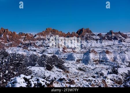 Badlands National Park im Winter, South Dakota, USA Stockfoto