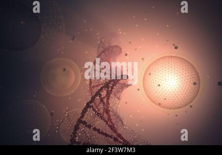 Biotechnologie und molekulare Gentechnik. 3D Illustration von Wissenschaft und molekularer Technologie. Stockfoto