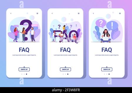 Stellen Sie mithilfe von Digital ein, wie Menschen mit Fragen und Ausrufezeichen gemischt werden Geräte Online Support Center Häufig gestellte Fragen FAQ Konzept voll Länge Stock Vektor