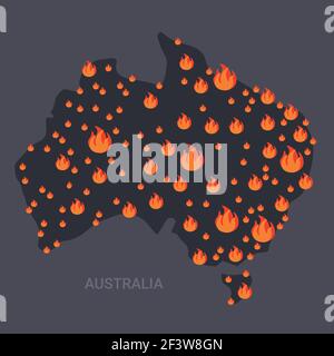 Karte von Australien mit Feuersymbolen Buschbrände Saisonale Waldbrände weltweit Wärmende Naturkatastrophe Konzept orange Flammen Symbole flach Stock Vektor