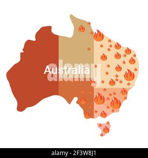 Karte von Australien mit Feuersymbolen Buschbrände Saisonale Waldbrände weltweit Wärmende Naturkatastrophe Konzept orange Flammen Symbole flach Stock Vektor
