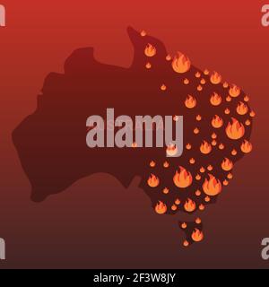 Karte von Australien mit Feuersymbolen Buschbrände Saisonale Waldbrände weltweit Wärmende Naturkatastrophe Konzept orange Flammen Symbole flach Stock Vektor