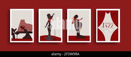 Frauen im Jazz Musik Poster Illustration Set. Schwarze Frau Sänger Charakter Cartoon Retro Mitte des Jahrhunderts Stil. Berühmte musikalische weibliche Ikonen oder größte pe Stock Vektor