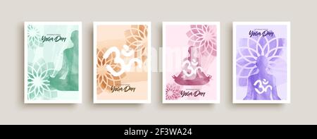 International Yoga Tag Event Poster Illustration Set. Menschen, die Meditation Lotus Pose mit Blume und om Symbol Dekoration in abstrakten Aquarell p Stock Vektor