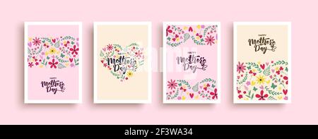 Happy Muttertag Feiertag Ereignis Grußkarte Illustration Set. Niedliche handgezeichnete Blumenstrauß in Herzform für Mama Geschenk oder Feier Einladung. Stock Vektor