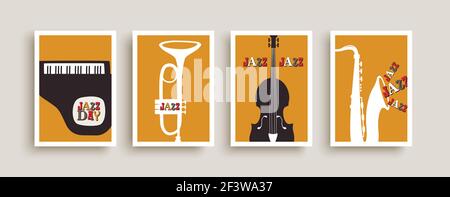 Jazz Musik Band Instrument Poster Illustration Set. Lustige Mitte des Jahrhunderts Retro-Cartoon-Banner-Sammlung für musikalische Veranstaltung, Festival-Performance oder geben Stock Vektor