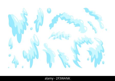 Wassertropfen und Spritzer gesetzt. Tropfendes Wasser im Cartoon-Stil. Vektorgrafik isoliert auf weißem Hintergrund Stock Vektor
