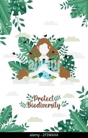 Schützen Vielfalt vertikale Grußkarte Illustration der Mutter Natur Frau umarmt Planeten Erde mit grünen Pflanzenblatt und wilde Tiere. Umwelt Stock Vektor