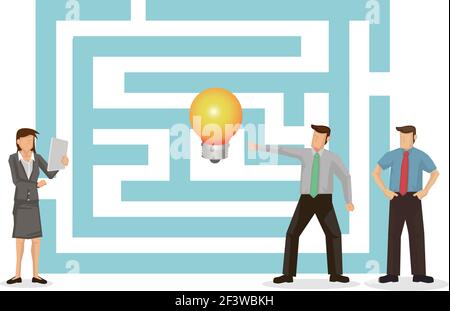 Herausforderungen im Geschäftslabyrinth. Business-Team arbeitet zusammen Blick auf Labyrinth, um kreative Idee zu bekommen. Cartoon Charakter Vektor Illustration. Stock Vektor