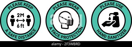 Covid-19 Präventionskreis Grünes Zeichen. Bitte halten SIE EINEN sicheren Abstand, tragen Sie Gesichtsmaskenschutz, verwenden Sie das Symbol für den Handdesinfektionsmittel. Stock Vektor